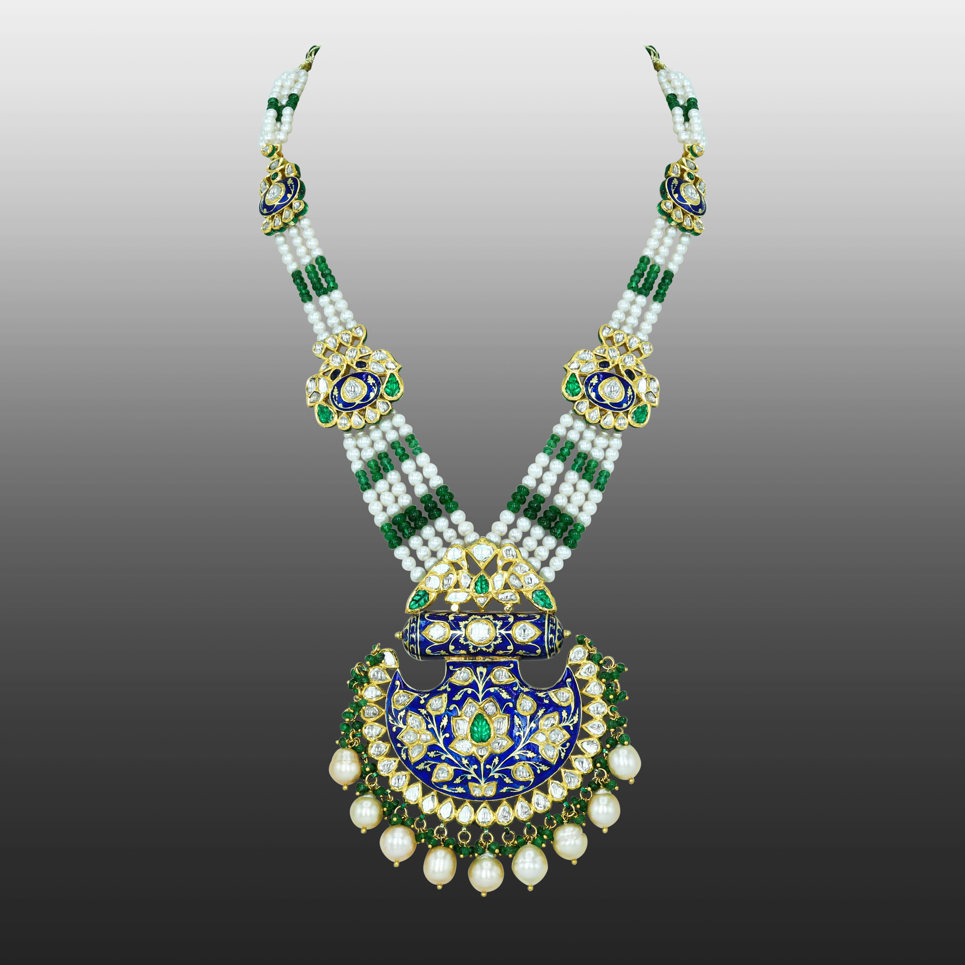 Pankhi-Style Polki Necklace with Blue Enamel and Emerald Accents